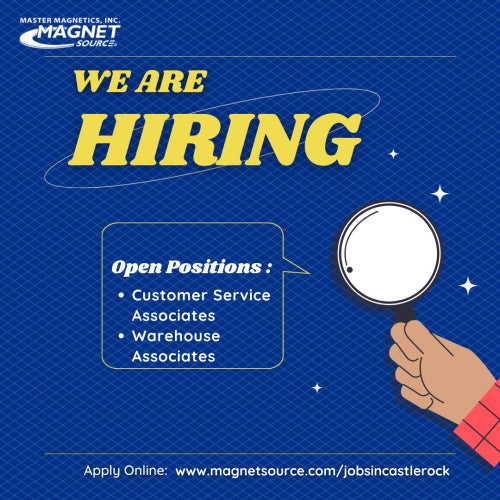 Master Magnetics is seeking energetic, motivated, quick learners to join our Warehouse and Customer Service Teams. No prior experience with magnet is required; we provide all job related training. Benefits are available for full-time employees.