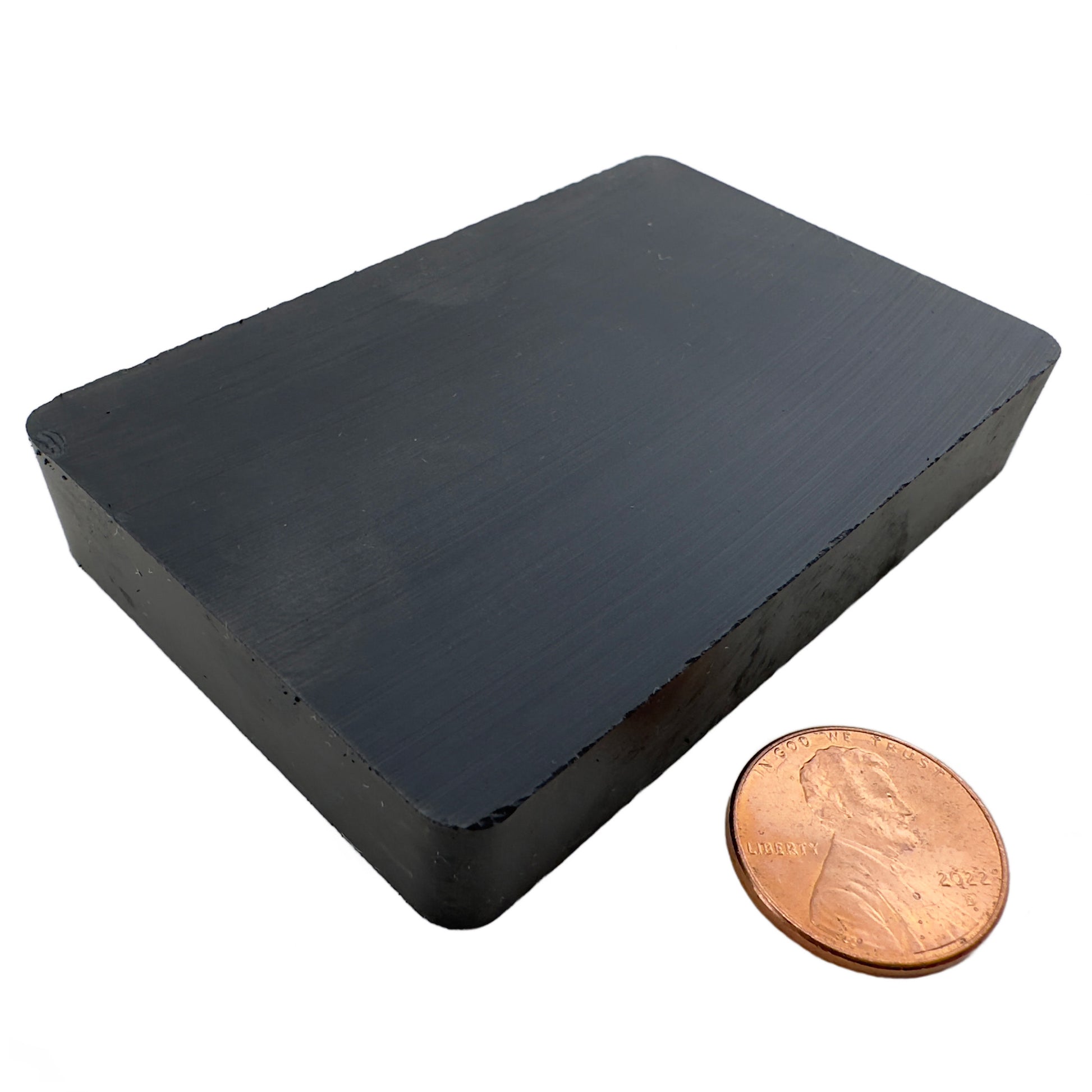 Load image into Gallery viewer, CB802N Ceramic Block Magnet - 45 Degree Angle View Compared to a Penny