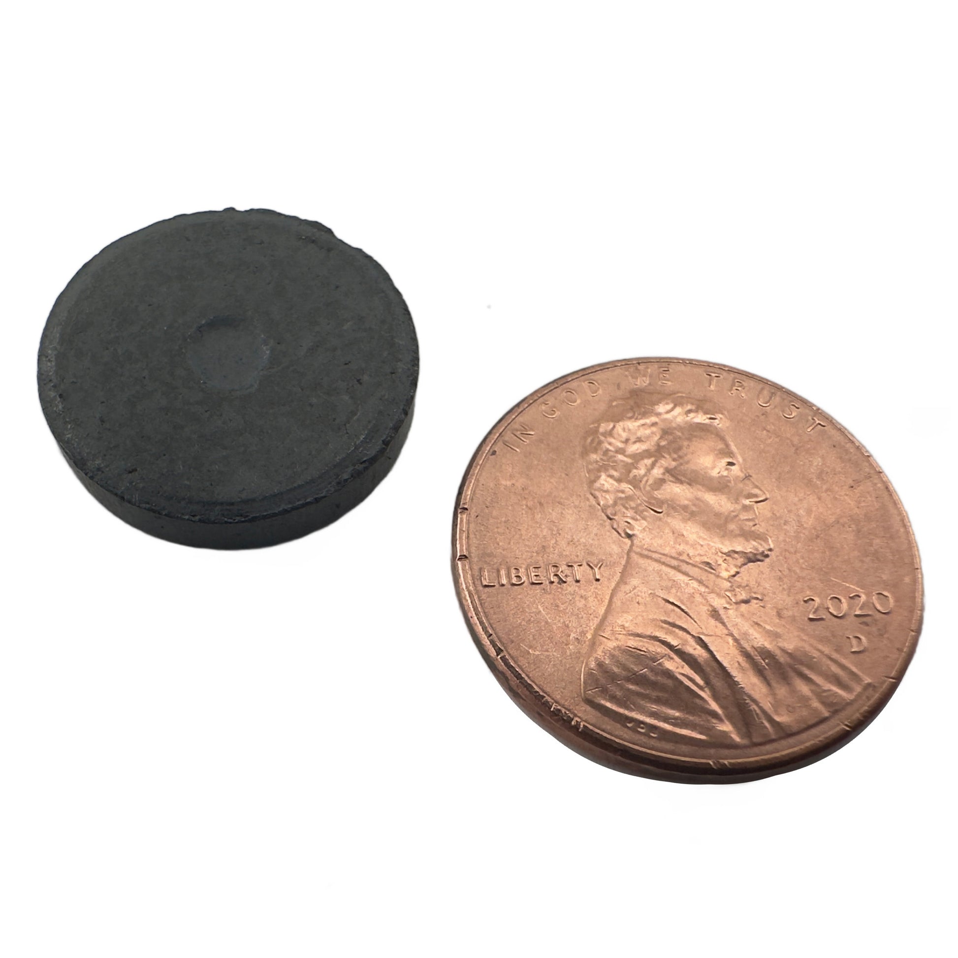 Load image into Gallery viewer, CD0625C Ceramic Disc Magnet - 45 Degree Angle View Compared to a Penny