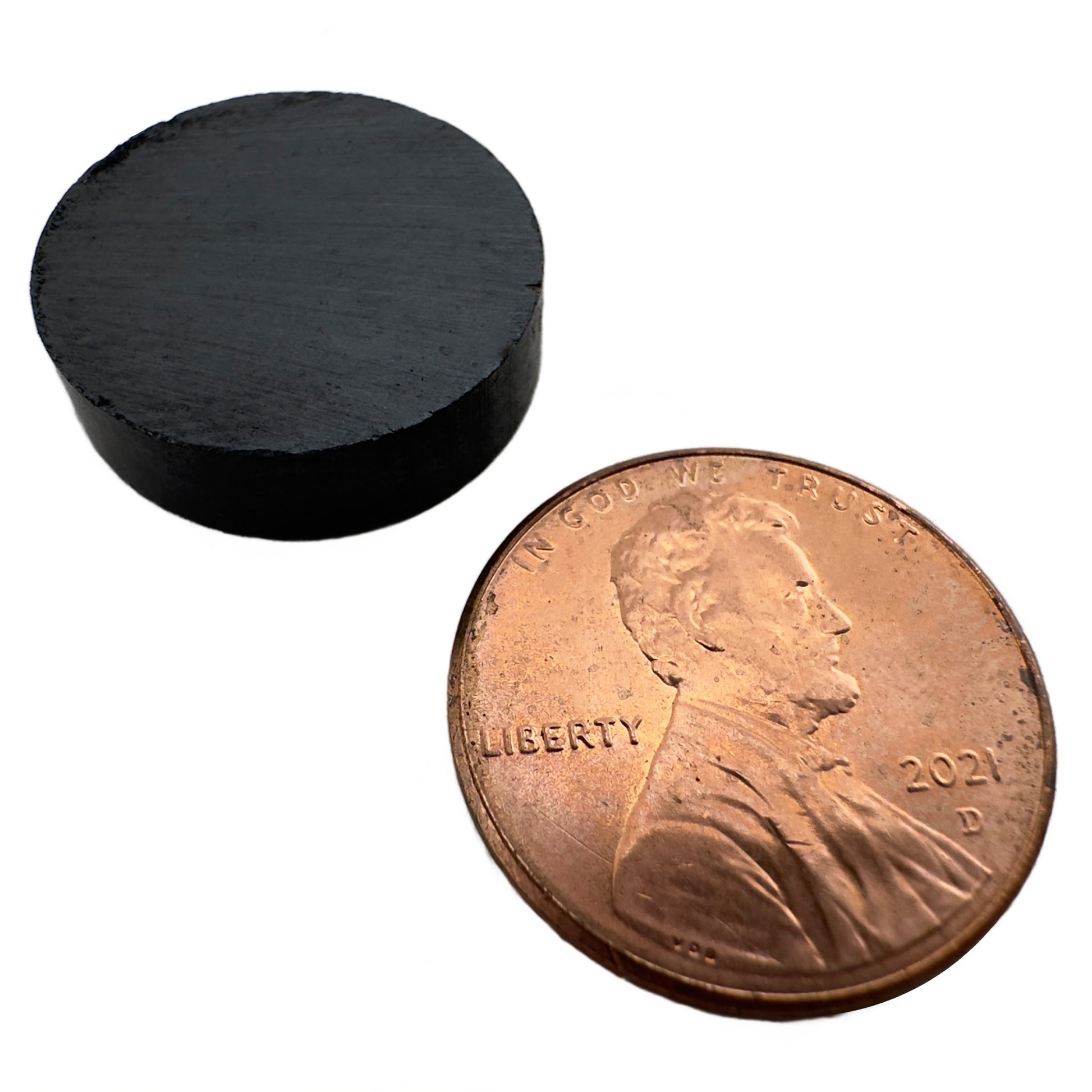 Load image into Gallery viewer, CD10N Ceramic Disc Magnet - 45 Degree Angle View Compared to a Penny