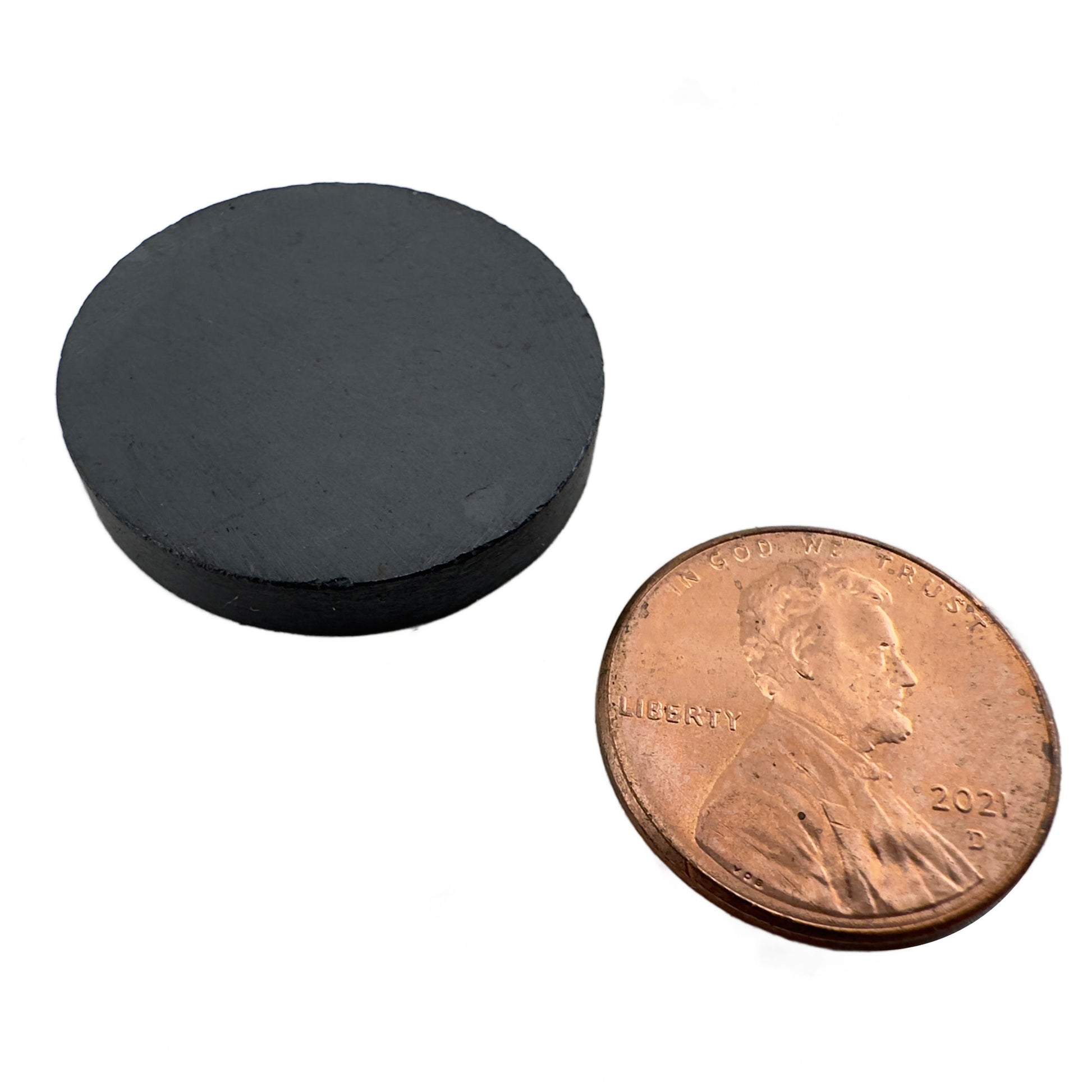 Load image into Gallery viewer, CD970C Ceramic Disc Magnet - 45 Degree Angle View Compared to a Penny