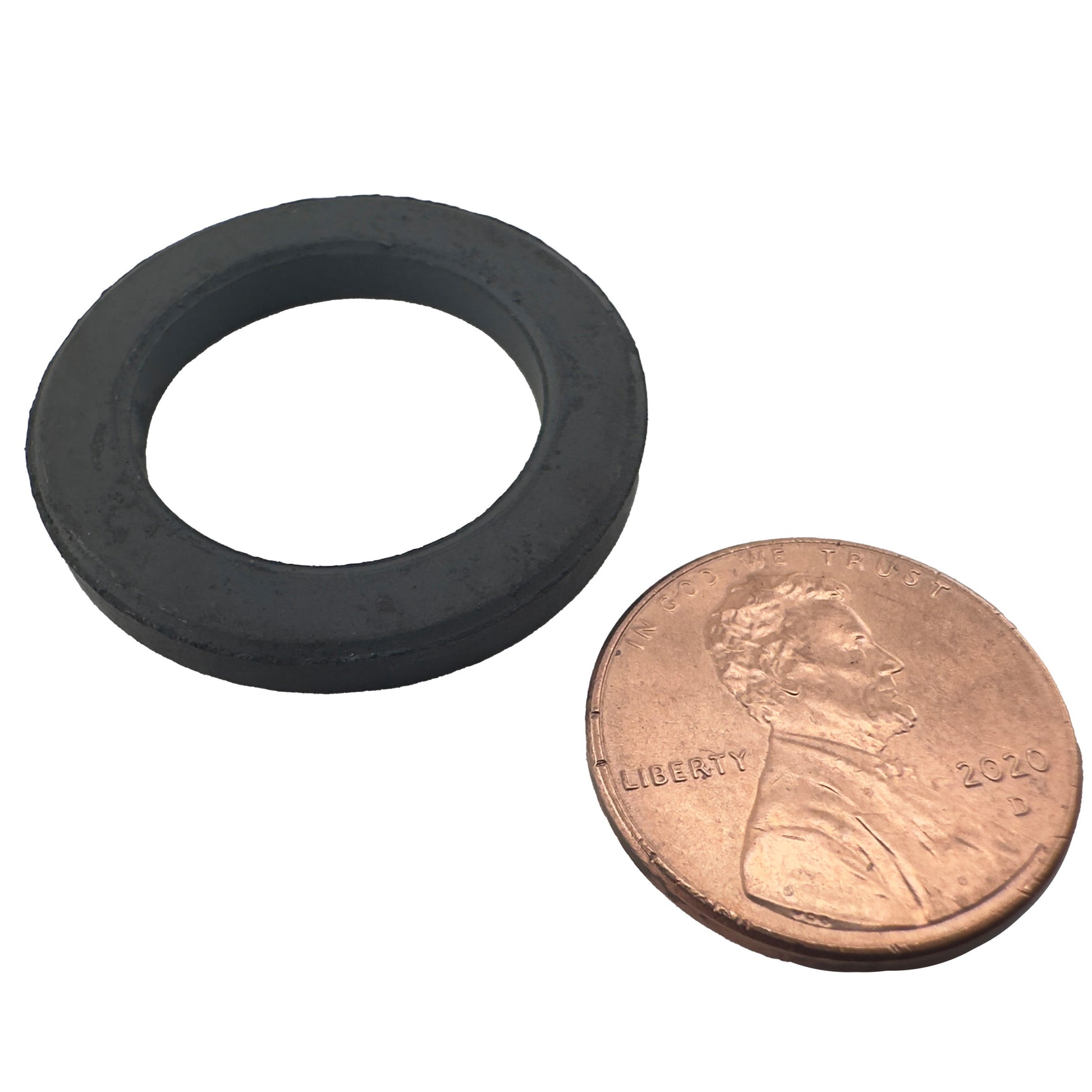 Load image into Gallery viewer, CR120 Ceramic Ring Magnet - 45 Degree Angle View Compared to a Penny