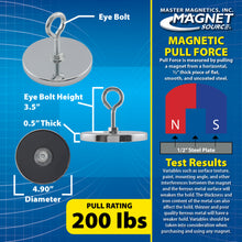 Load image into Gallery viewer, RB100EB Heavy-Duty Ceramic Round Base Magnet Assembled with Eyebolt and Nuts - Side View