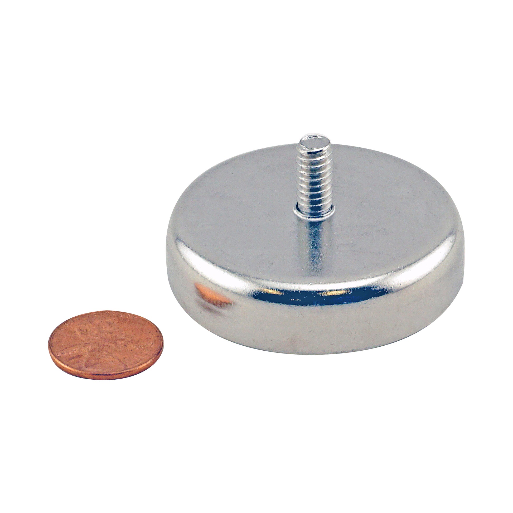 Load image into Gallery viewer, CACM200 Heavy-Duty Ceramic Round Base Magnet with Male Thread - Compared to Penny for Size Reference