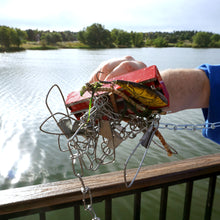 Load image into Gallery viewer, 370150 Heavy-Duty Holding and Retrieving Magnet - Hand Holding Magnet with a Tangled Mess of Fishing Hooks