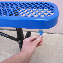 Load image into Gallery viewer, 50663 Magnetic Key, KW1-66 Blue - Hand Holding Blue Magnetic Key Next to Metal Bench