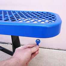 Load image into Gallery viewer, 50693 Magnetic Key, M1-69 Blue - In Use Hand Holding Blue Magnetic Key next to a metal bench