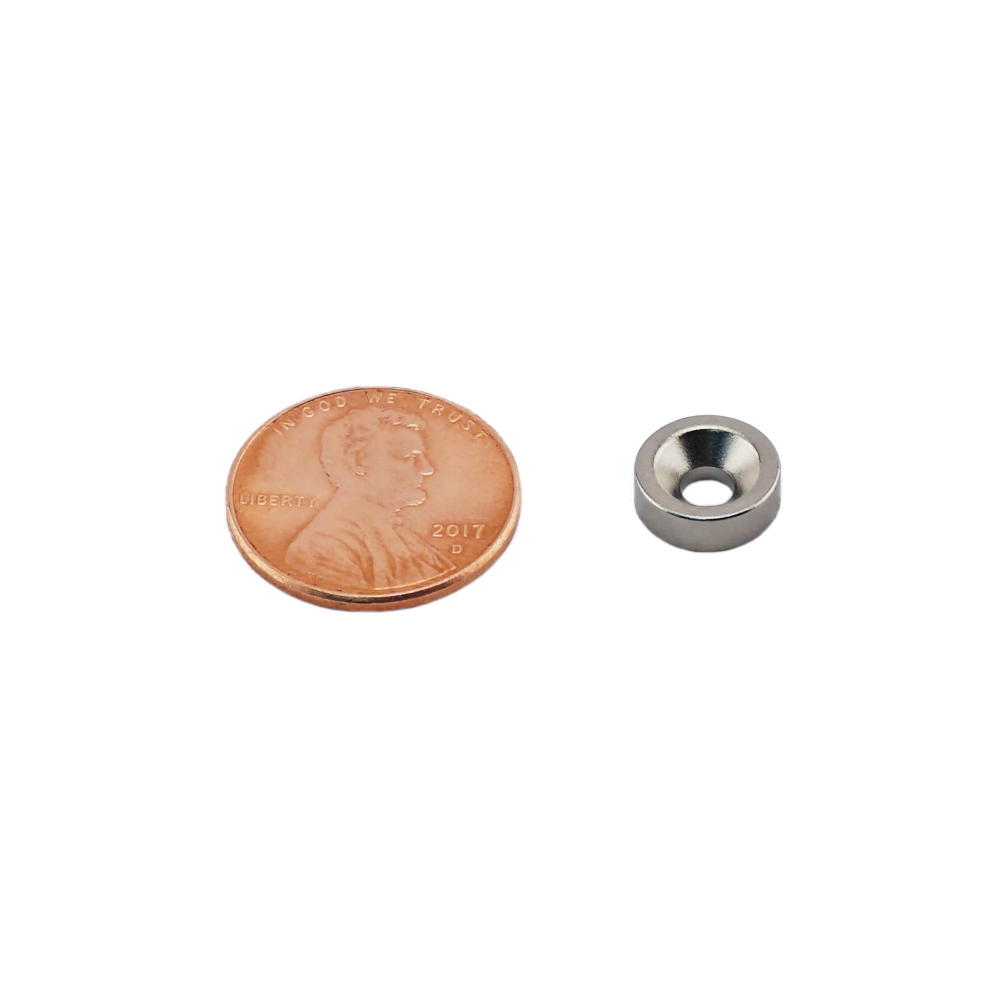 Load image into Gallery viewer, NR003714NBX Neodymium Countersunk Ring Magnet - Compared to Penny for Size Reference