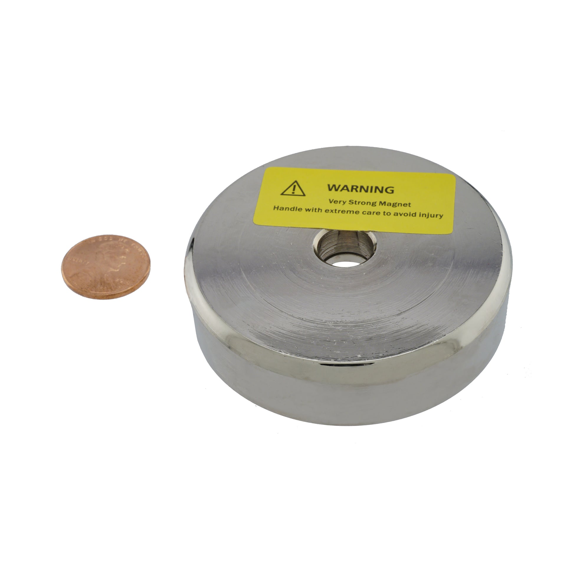 Load image into Gallery viewer, NAC025000NBX Neodymium Countersunk Round Base Assembly - Compared to Penny for Size Reference