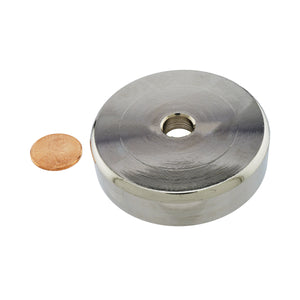 NAC025000NBX Neodymium Countersunk Round Base Assembly - Compared to Penny for Size Reference