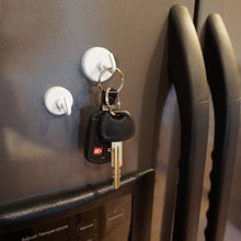 Load image into Gallery viewer, MHHH14 White Magnetic Hook - In Use on Refrigerator Holding a Set of Keys