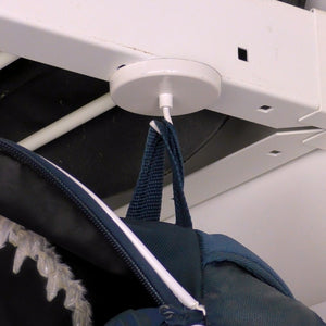 MHHH55 White Magnetic Hook - Demonstration of Backpack or Clothing Hanging from Magnetic Hook